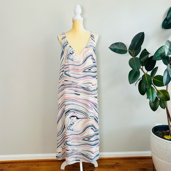 H Halston XL Marble Print Midi shift Dress V Neck - Picture 2 of 6